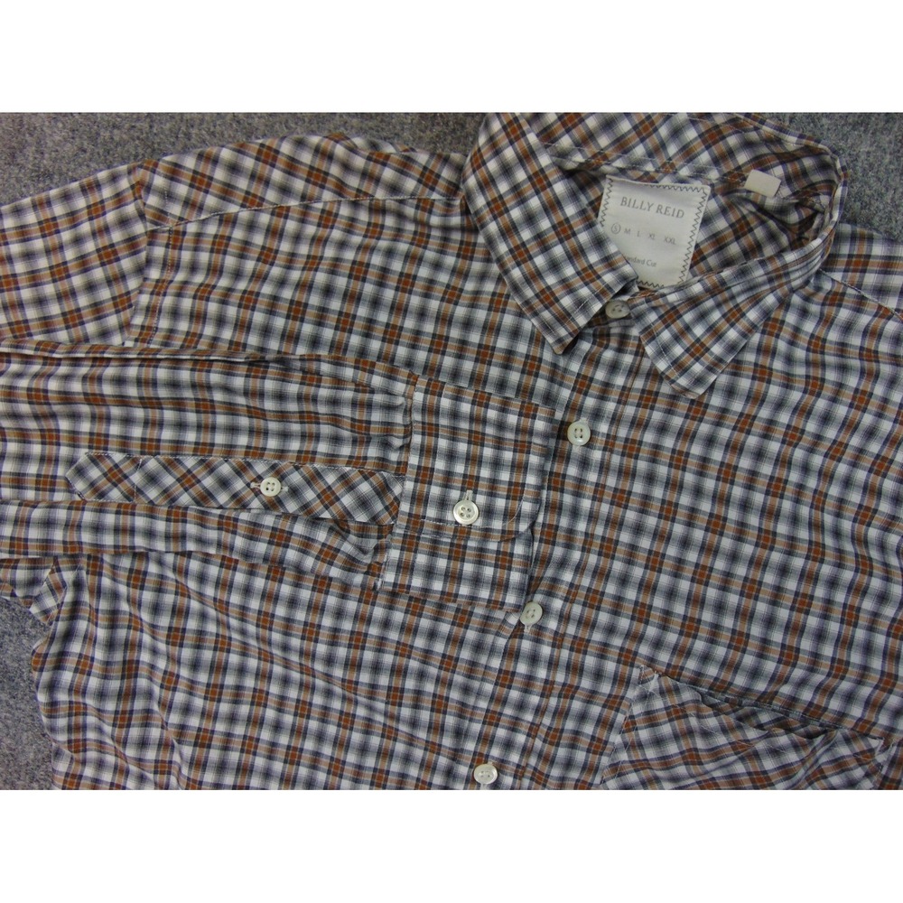 Billy Reid‎ Shirt Mens Small Standard Cut Brown Blue Plaid Long Sleeve Button Up